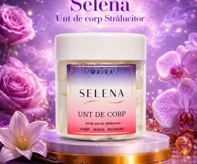 Unt de corp cu sclipici argintiu Selena MAIRA, cu unt de shea și ulei de migdale, efect iluminator glow