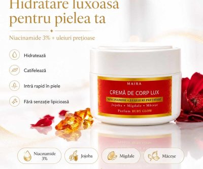 Cremă de Corp Lux Ruby Glow, 200 g, cu niacinamide 3% și uleiuri vegetale. Lasă pielea catifelată și parfumată cu șofran, iasomie și ambră.