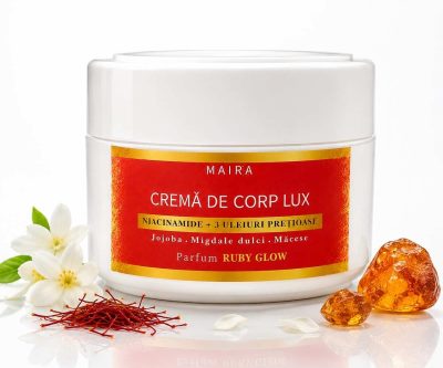 Cremă de Corp Lux Ruby Glow, 200 g, cu niacinamide 3% și uleiuri vegetale. Lasă pielea catifelată și parfumată cu șofran, iasomie și ambră.