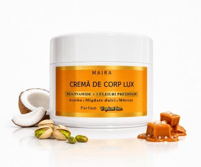 Cremă de Corp Lux Tropical Sun, 200 g, cu niacinamide 3% și uleiuri vegetale. Hidratează și parfumează pielea cu note de cocos, fistic și caramel.