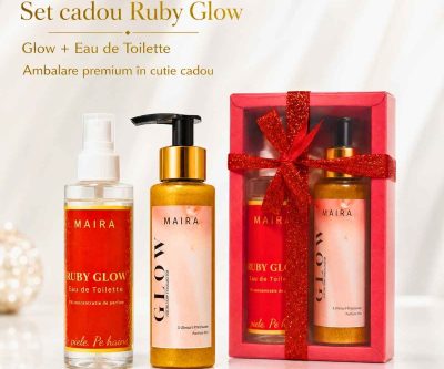 Set cadou pentru ea Ruby Glow cu ulei de corp cu sclipici gold și Eau de Toilette de 100 ml