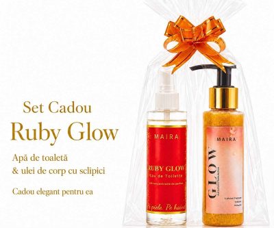 Set cadou pentru ea Ruby Glow cu ulei de corp cu sclipici gold și Eau de Toilette de 100 ml