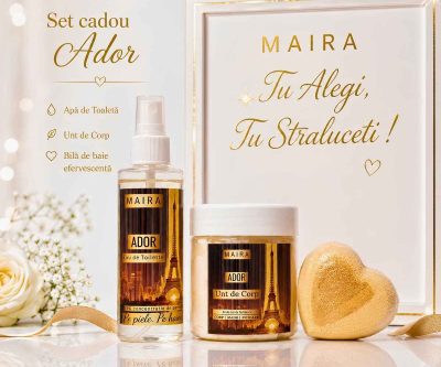 Descoperă Setul Cadou Ador MAIRA cu Bilă de Baie Efervescentă, Unt de Corp Hidratant și Eau de Toilette, într-un parfum floral-ambrat elegant.