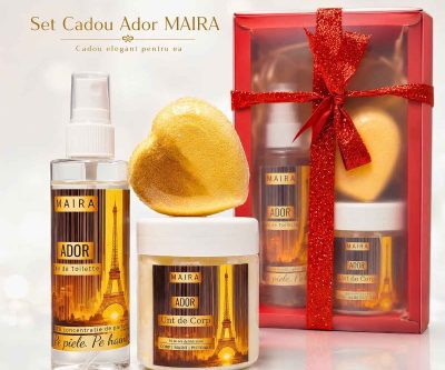 Set Cadou Ador MAIRA cu Bilă de Baie Efervescentă, Unt de Corp Hidratant și Eau de Toilette