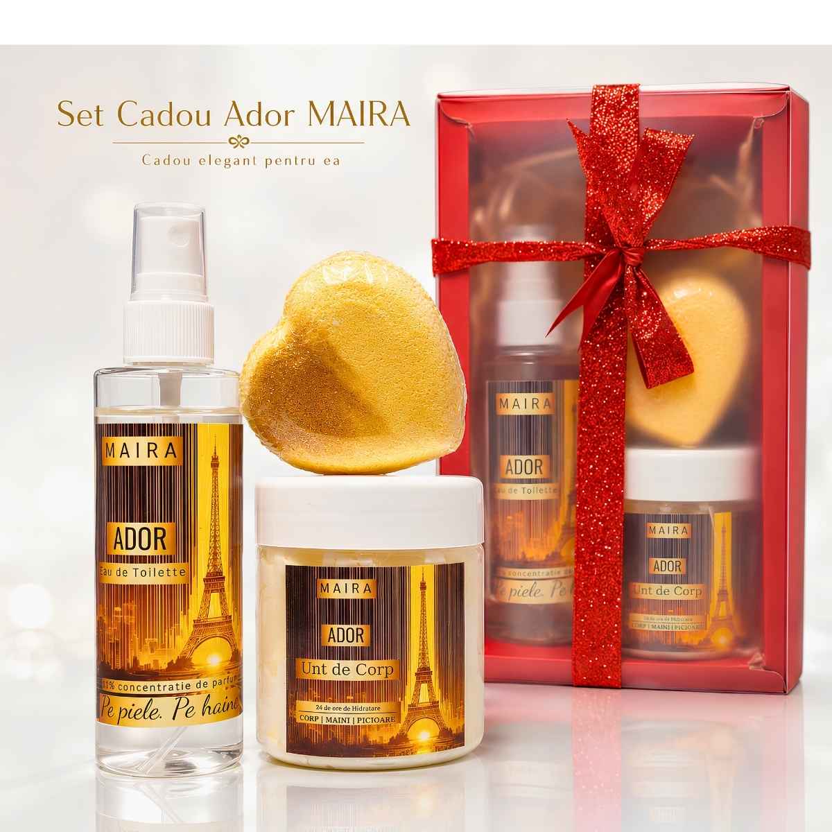 set-cadou-ador-maira-bila-baie-unt-corp-eau-de-toilette-cau-de-craciun-perfect-pentru-ea Set Cadou Ador MAIRA cu Bilă de Baie Efervescentă, Unt de Corp Hidratant și Eau de Toilette