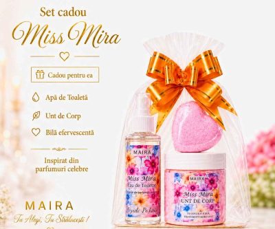 Set Cadou Miss Mira MAIRA cu Bilă de Baie Efervescentă, Unt de Corp Hidratant și Eau de Toilette