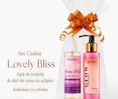 Set cadou pentru ea Lovely Bliss cu Glow Ulei de Corp cu Sclipici și Eau de Toilette, câte 100 ml. Un ritual feminin de glow și parfumare.