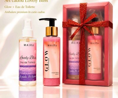 Set cadou pentru ea Lovely Bliss cu Glow Ulei de Corp cu Sclipici și Eau de Toilette, câte 100 ml. Un ritual feminin de glow și parfumare.