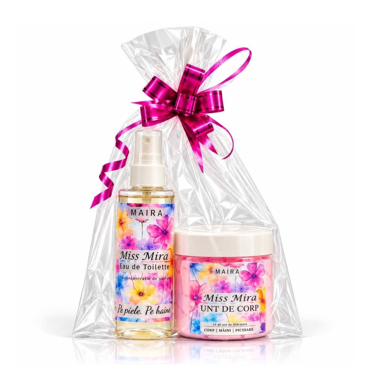 set-cadou-miss-mira-maira-celofan-funda Set Cadou Miss Mira MAIRA ambalat în celofan cu fundă portocalie