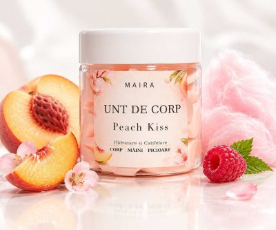 Unt de corp hidratant Peach Kiss MAIRA 100 g cu parfum dulce de piersică albă și vată de zahăr