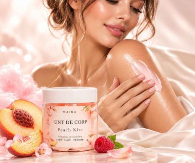 Unt de corp hidratant Peach Kiss MAIRA 100 g cu parfum dulce de piersică albă și vată de zahăr
