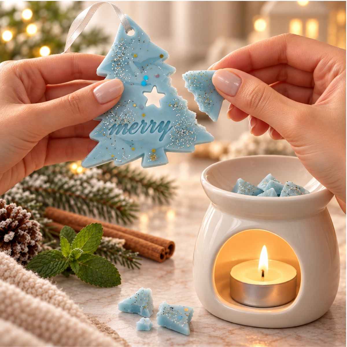 wax-melt-menta-scortisoara-pin-arzator Ceară parfumată cu mentă scorțișoară și pin folosită ca wax melt în arzător